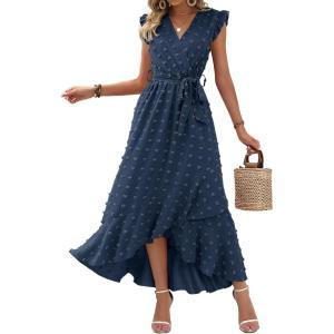 image:imageBTFBM Boho Dresses for Women 2026 Summer Fashion Cap Sleeve Swiss Dot Flowy Ruffle Beach Wedding Cocktail Maxi DressNavy