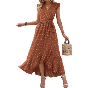 image:imageBTFBM Boho Dresses for Women 2026 Summer Fashion Cap Sleeve Swiss Dot Flowy Ruffle Beach Wedding Cocktail Maxi DressOrange Red