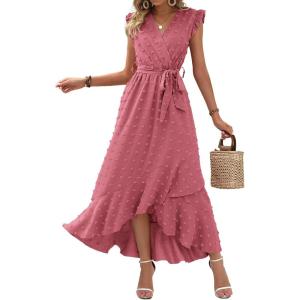 image:imageBTFBM Boho Dresses for Women 2026 Summer Fashion Cap Sleeve Swiss Dot Flowy Ruffle Beach Wedding Cocktail Maxi DressPink