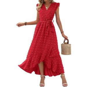 image:imageBTFBM Boho Dresses for Women 2026 Summer Fashion Cap Sleeve Swiss Dot Flowy Ruffle Beach Wedding Cocktail Maxi DressRed