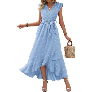 image:imageBTFBM Boho Dresses for Women 2026 Summer Fashion Cap Sleeve Swiss Dot Flowy Ruffle Beach Wedding Cocktail Maxi DressSky Blue