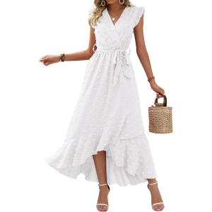 image:imageBTFBM Boho Dresses for Women 2026 Summer Fashion Cap Sleeve Swiss Dot Flowy Ruffle Beach Wedding Cocktail Maxi DressWhite