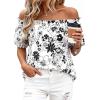 image:imageBTFBM Off The Shoulder Boho Tops for Women Summer Spring Short Sleeve Floral Loose Resort Beach Vacation Clothes 2026Floral White