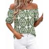 image:imageBTFBM Off The Shoulder Boho Tops for Women Summer Spring Short Sleeve Floral Loose Resort Beach Vacation Clothes 2026Floral White Army Green