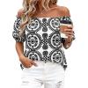 image:imageBTFBM Off The Shoulder Boho Tops for Women Summer Spring Short Sleeve Floral Loose Resort Beach Vacation Clothes 2026Floral White Black