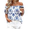 image:imageBTFBM Off The Shoulder Boho Tops for Women Summer Spring Short Sleeve Floral Loose Resort Beach Vacation Clothes 2026Floral White Blue