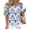 image:imageBTFBM Off The Shoulder Boho Tops for Women Summer Spring Short Sleeve Floral Loose Resort Beach Vacation Clothes 2026Floral White Blue