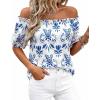 image:imageBTFBM Off The Shoulder Boho Tops for Women Summer Spring Short Sleeve Floral Loose Resort Beach Vacation Clothes 2026Floral White Blue