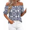 image:imageBTFBM Off The Shoulder Boho Tops for Women Summer Spring Short Sleeve Floral Loose Resort Beach Vacation Clothes 2026Floral White Navy