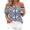 image:imageBTFBM Off The Shoulder Boho Tops for Women Summer Spring Short Sleeve Floral Loose Resort Beach Vacation Clothes 2026Floral White Navy