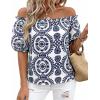 image:imageBTFBM Off The Shoulder Boho Tops for Women Summer Spring Short Sleeve Floral Loose Resort Beach Vacation Clothes 2026Floral White Navy