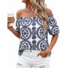 image:imageBTFBM Off The Shoulder Boho Tops for Women Summer Spring Short Sleeve Floral Loose Resort Beach Vacation Clothes 2026Floral White Navy