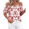 image:imageBTFBM Off The Shoulder Boho Tops for Women Summer Spring Short Sleeve Floral Loose Resort Beach Vacation Clothes 2026Floral White Red