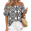 image:imageBTFBM Off The Shoulder Boho Tops for Women Summer Spring Short Sleeve Floral Loose Resort Beach Vacation Clothes 2026Floral White Black