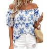 image:imageBTFBM Off The Shoulder Boho Tops for Women Summer Spring Short Sleeve Floral Loose Resort Beach Vacation Clothes 2026Floral White Blue