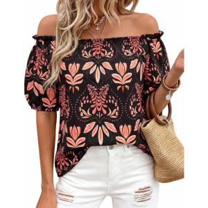 image:imageBTFBM Off The Shoulder Boho Tops for Women Summer Spring Short Sleeve Floral Loose Resort Beach Vacation Clothes 2026Floral Black Orange