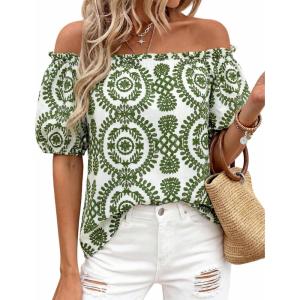 image:imageBTFBM Off The Shoulder Boho Tops for Women Summer Spring Short Sleeve Floral Loose Resort Beach Vacation Clothes 2026Floral White Army Green