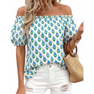 image:imageBTFBM Off The Shoulder Boho Tops for Women Summer Spring Short Sleeve Floral Loose Resort Beach Vacation Clothes 2026Floral White Blue Green