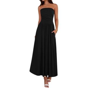 image:imageBTFBM Summer Maxi Dresses for Women 2026 Strapless Ruched Tube Top Beach Vacation Spring Wedding Guest Dress PocketsBlack