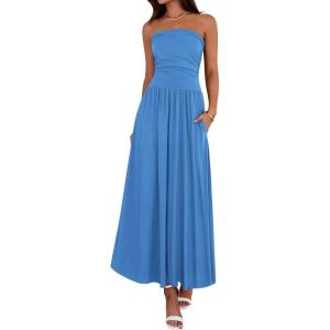 image:imageBTFBM Summer Maxi Dresses for Women 2026 Strapless Ruched Tube Top Beach Vacation Spring Wedding Guest Dress PocketsBlue