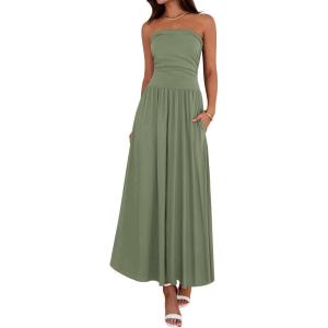 image:imageBTFBM Summer Maxi Dresses for Women 2026 Strapless Ruched Tube Top Beach Vacation Spring Wedding Guest Dress PocketsGreen