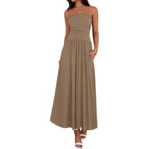 image:imageBTFBM Summer Maxi Dresses for Women 2026 Strapless Ruched Tube Top Beach Vacation Spring Wedding Guest Dress PocketsKhaki