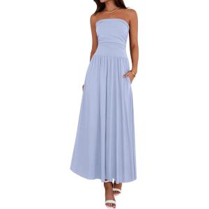 image:imageBTFBM Summer Maxi Dresses for Women 2026 Strapless Ruched Tube Top Beach Vacation Spring Wedding Guest Dress PocketsLight Blue
