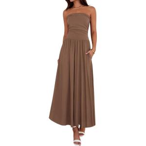 image:imageBTFBM Summer Maxi Dresses for Women 2026 Strapless Ruched Tube Top Beach Vacation Spring Wedding Guest Dress PocketsLight Brown