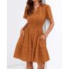 image:imageBTFBM Womens Spring 2026 Casual Mini Dresses Lightweight Short Sleeve V Neck Elastic Waist Cute Boho Beach Dress PocketsBrown Orange