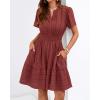 image:imageBTFBM Womens Spring 2026 Casual Mini Dresses Lightweight Short Sleeve V Neck Elastic Waist Cute Boho Beach Dress PocketsBrown Red