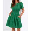 image:imageBTFBM Womens Spring 2026 Casual Mini Dresses Lightweight Short Sleeve V Neck Elastic Waist Cute Boho Beach Dress PocketsDark Green