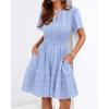 image:imageBTFBM Womens Spring 2026 Casual Mini Dresses Lightweight Short Sleeve V Neck Elastic Waist Cute Boho Beach Dress PocketsLight Blue