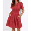 image:imageBTFBM Womens Spring 2026 Casual Mini Dresses Lightweight Short Sleeve V Neck Elastic Waist Cute Boho Beach Dress PocketsRed
