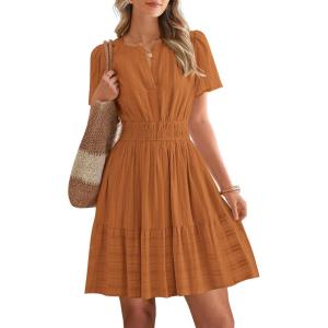 image:imageBTFBM Womens Spring 2026 Casual Mini Dresses Lightweight Short Sleeve V Neck Elastic Waist Cute Boho Beach Dress PocketsBrown Orange