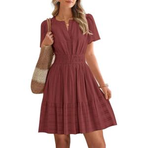 image:imageBTFBM Womens Spring 2026 Casual Mini Dresses Lightweight Short Sleeve V Neck Elastic Waist Cute Boho Beach Dress PocketsBrown Red