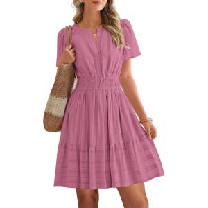 image:imageBTFBM Womens Spring 2026 Casual Mini Dresses Lightweight Short Sleeve V Neck Elastic Waist Cute Boho Beach Dress PocketsDusty Pink