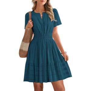 image:imageBTFBM Womens Spring 2026 Casual Mini Dresses Lightweight Short Sleeve V Neck Elastic Waist Cute Boho Beach Dress PocketsLake Blue
