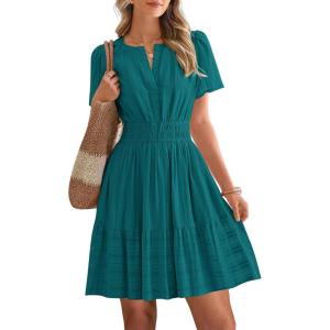 image:imageBTFBM Womens Spring 2026 Casual Mini Dresses Lightweight Short Sleeve V Neck Elastic Waist Cute Boho Beach Dress PocketsMalachite Green
