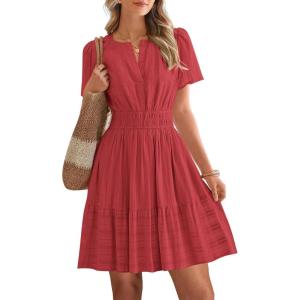 image:imageBTFBM Womens Spring 2026 Casual Mini Dresses Lightweight Short Sleeve V Neck Elastic Waist Cute Boho Beach Dress PocketsRed
