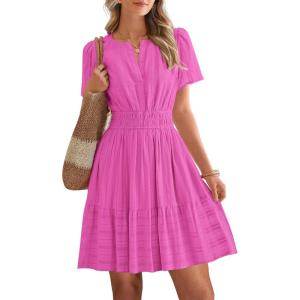 image:imageBTFBM Womens Spring 2026 Casual Mini Dresses Lightweight Short Sleeve V Neck Elastic Waist Cute Boho Beach Dress PocketsRose Red