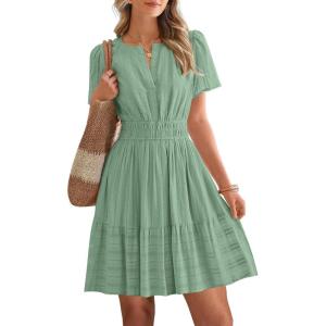 image:imageBTFBM Womens Spring 2026 Casual Mini Dresses Lightweight Short Sleeve V Neck Elastic Waist Cute Boho Beach Dress PocketsSage Green