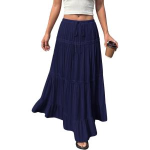 image:imageBTFBM Spring Skirts for Women 2026 Summer Boho Beach Vacation Clothes Casual Pleated High Waisted Flowy Maxi SkirtNavy Blue