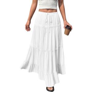 image:imageBTFBM Spring Skirts for Women 2026 Summer Boho Beach Vacation Clothes Casual Pleated High Waisted Flowy Maxi SkirtWhite