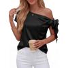 image:imageBTFBM Off The Shoulder Tops for Women Summer 2026 Short Sleeve Satin Blouse Shirts Silk Y2K Going Out Top Beach VacationBlack