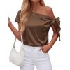 image:imageBTFBM Off The Shoulder Tops for Women Summer 2026 Short Sleeve Satin Blouse Shirts Silk Y2K Going Out Top Beach VacationBrown