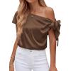 image:imageBTFBM Off The Shoulder Tops for Women Summer 2026 Short Sleeve Satin Blouse Shirts Silk Y2K Going Out Top Beach VacationBrown