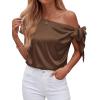 image:imageBTFBM Off The Shoulder Tops for Women Summer 2026 Short Sleeve Satin Blouse Shirts Silk Y2K Going Out Top Beach VacationBrown