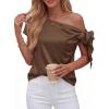 image:imageBTFBM Off The Shoulder Tops for Women Summer 2026 Short Sleeve Satin Blouse Shirts Silk Y2K Going Out Top Beach VacationBrown