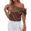 image:imageBTFBM Off The Shoulder Tops for Women Summer 2026 Short Sleeve Satin Blouse Shirts Silk Y2K Going Out Top Beach VacationBrown