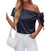 image:imageBTFBM Off The Shoulder Tops for Women Summer 2026 Short Sleeve Satin Blouse Shirts Silk Y2K Going Out Top Beach VacationNavy Blue